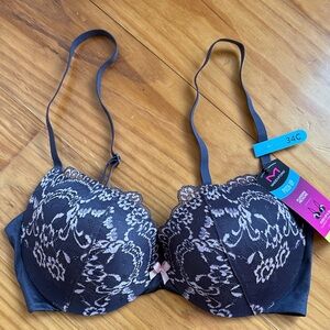 Chic Daek Gray and Pink Lace Push Up-Up Bra